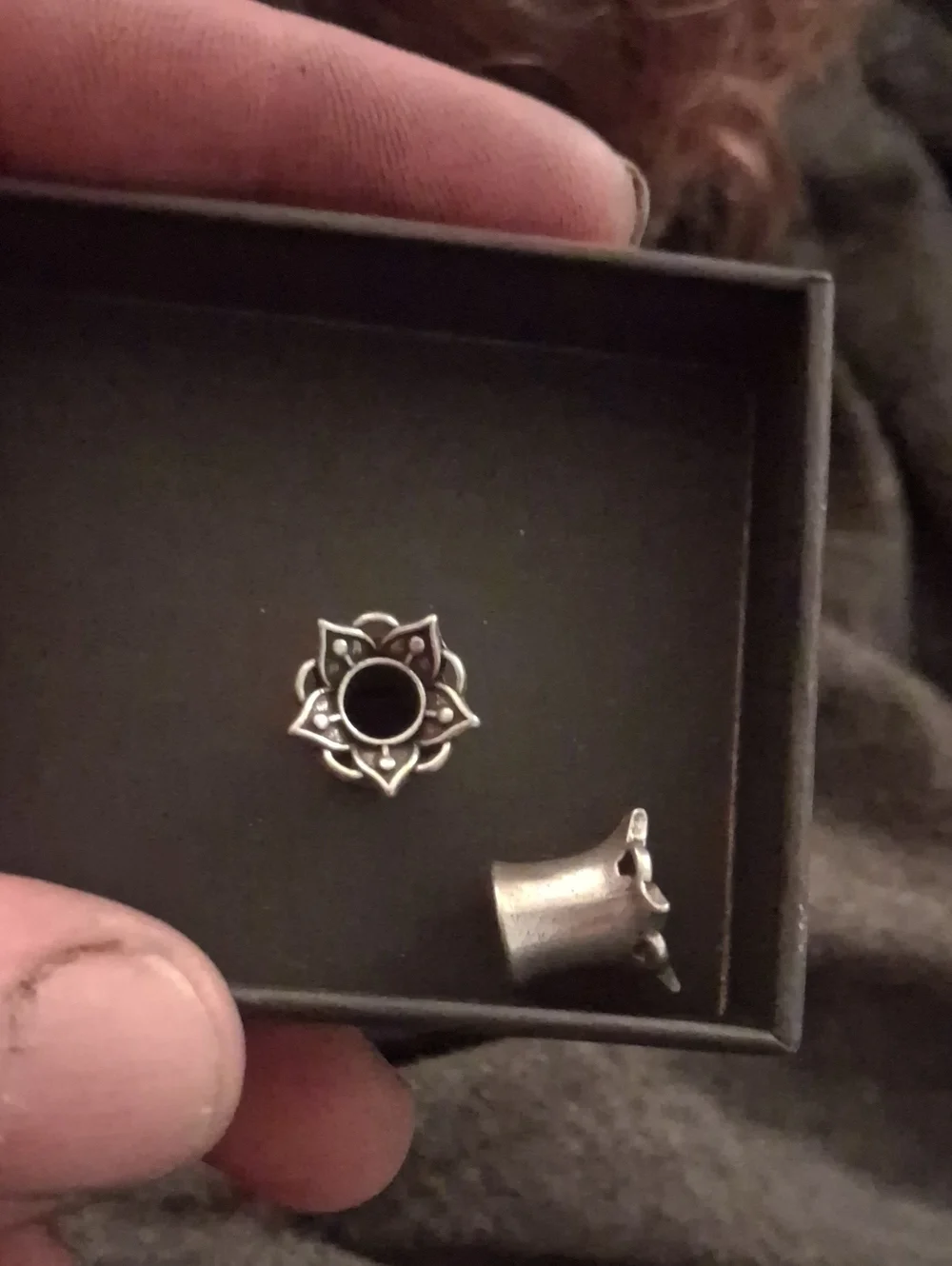 Sterling-Style Floral Tunnel Plug — Black and Silver